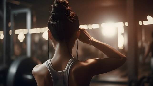 A photograph of a woman tying up her hair into a high ponytail while standing in a gym with weights and fitness equipment in the background, during the morning with bright artificial lighting.