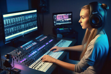 Woman operating an audio mixer, Generative AI
