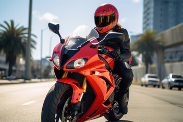 Fototapeta na wymiar Woman driving a cool motorcycle, Generative AI