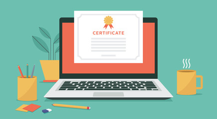 Certificate on laptop computer screen for for e-learning course, webinar and online education concept on top of office desk, vector flat illustration - obrazy, fototapety, plakaty