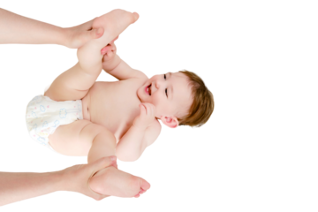 A mother with a toddler baby does gymnastics, children sports and fitness, isolated on a white background. Woman mom and child do morning exercises lying. Kid aged one year