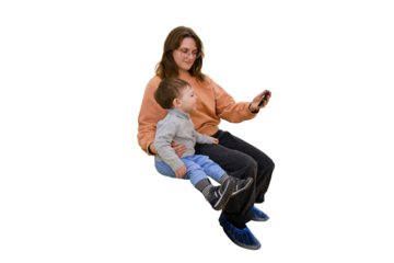 Happy toddler baby with a woman mother, isolated on a white background. Mom with a baby boy. Kid aged one year and three months