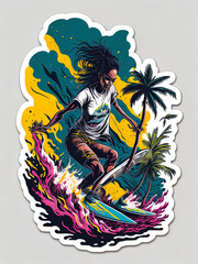 Surfer girl surfboard sticker t shirt logo print design surfboard surfing big ocean waves on a tropical destination 