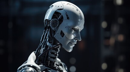 Fototapeta premium Advanced AI Cyborg Wallpaper, Groundbreaking Automaton Blueprint, Room for Text, Imaginative Synthetic Intellect Notion.