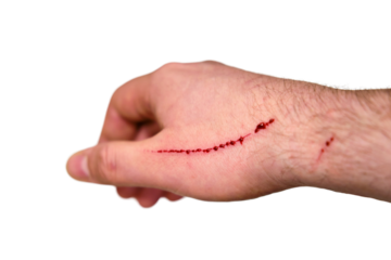 A scratch with blood running down the man arm from a cat, isolated on a white background