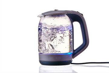 Glass electric kettle with boiling water on a white insulated background