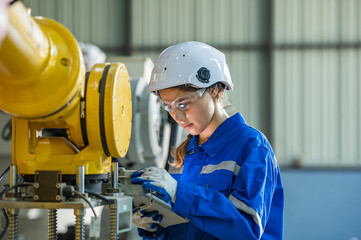 woman engineer in uniform helmet inspection check control heavy machine robot arm construction installation in industrial factory. technician worker check for repair maintenance electronic operation