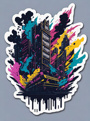 Sticker logo t shirt print design of urban buildings digital art colorful splash 