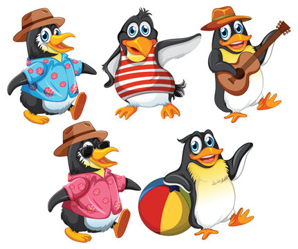 Penguin Cartoon Characters in Summer Theme