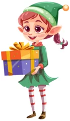 Fotobehang Kinderen Christmas cartoon character holding gift box