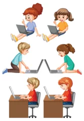 Fotobehang Kinderen Set of children with computer