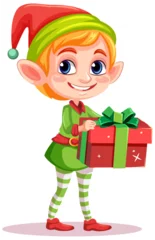 Abwaschbare Fototapete Kinder Elf girl cartoon Christmas character holding gift