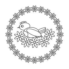 Coloring book for kids. A bird in a nest and a frame of flowers . Vector illustration