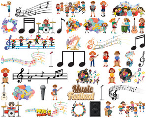 Kids musical instruments and music symbols set