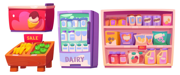 Grocery store shelf interior vector cartoon set. Isolated market shelf with dairy and product assortment on full rack. Indoor icecream refrigerator design. Fruit on sale display to buy with discount