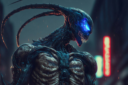 armored Alien monster cyborg multiverse, metaverse halloween fantasy, AI generated, beautiful city