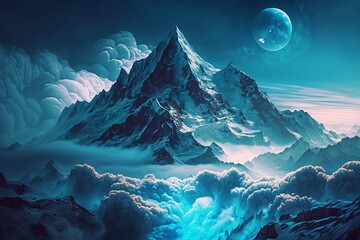A mountain covered in blue hue above the clouds.