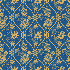 Japanese Flower Leaf Curl Diamond Vector Seamless Pattern