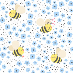 Baby vector cute pattern. Cute bees and blue daisies. Seamless pattern for children's products  Generative AI