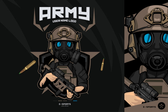 Soldier Army Mascot logo for esport and sport gas mask light machine gun