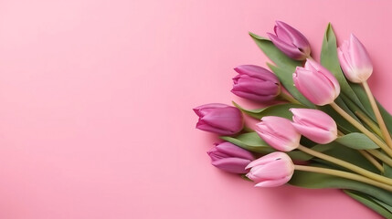 Beautiful composition spring flowers. Bouquet of pink tulips flowers on pastel pink background. Valentine's Day, Easter, Birthday, Happy Women's Day, Mother's Day. Flat lay, Generative Ai