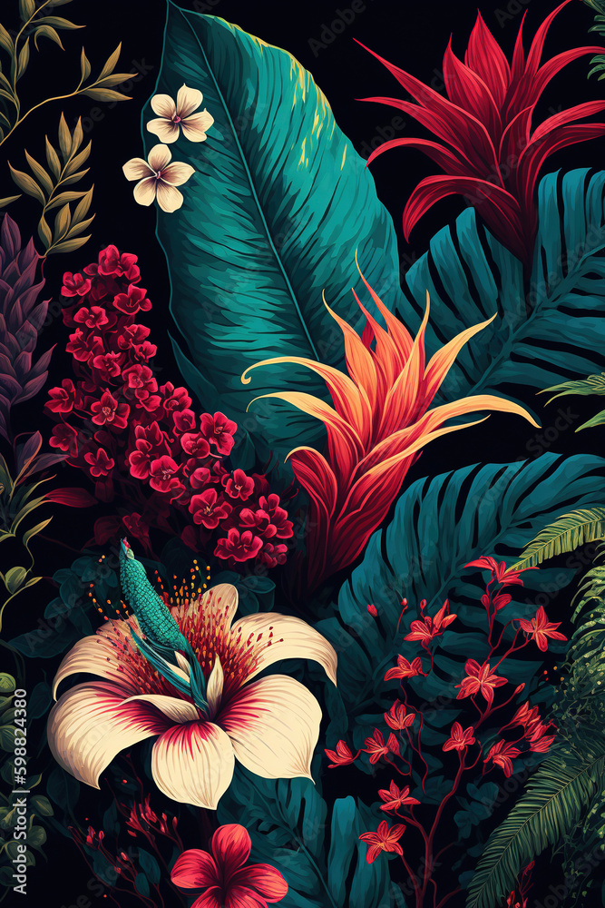 Wall mural Colorful tropical flowers wallpaper. AI