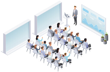 Business presentation, speech. Teamwork presentation conference coworking workplace brainstorming and discussion isolated. International public conference Indicators and coaching. Vector isometric, 3d