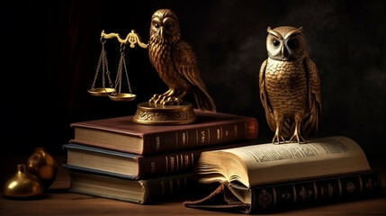 Golden scales of justice, books, Statue of Lady Justice. Owl and paragraph, Generative Ai
