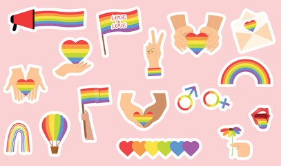 Collection of LBGTQ stickers. Set of clip art rainbow pride symbols. LGBT rights symbol. Isolated. Vector illustration