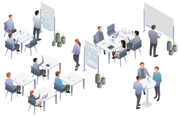 Fototapeta na wymiar Business presentation, speech. Teamwork set with business presentation conference coworking workplace brainstorming and discussion isolated. Indicators and coaching. Vector isometric, 3d