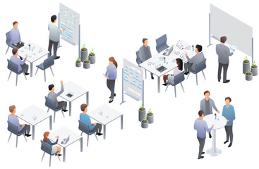 Business presentation, speech. Teamwork set with business presentation conference coworking workplace brainstorming and discussion isolated. Indicators and coaching. Vector isometric, 3d