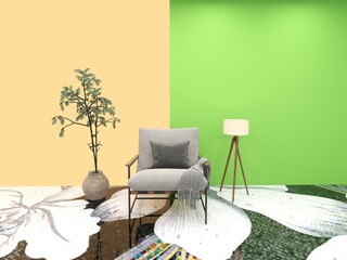 Minimalist interior 3d image with plant chair and lamp decoration