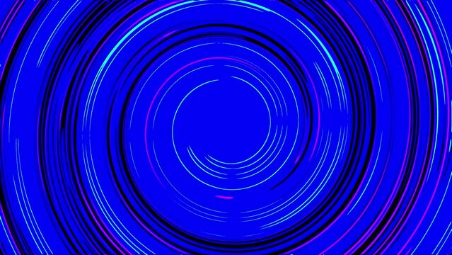 Fast spin motion of light blue, magenta pink, black spiral digital texture on royal blue background. Dynamic swirl animation. Technology wallpaper. Futuristic vortex. Abstract bright tunnel surface