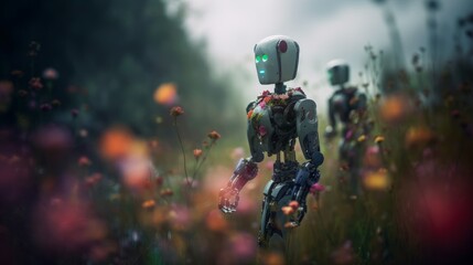 Obraz na płótnie Canvas Illustration of robots in a flower garden. Generative AI