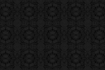 Papier Peint photo Style bohème Embossed black background, cover design. Geometric 3D pattern, press paper, leather. Boho, handmade. Tribal ethnic vector original texture of East, Asia, India, Mexico, Aztec, Peru.