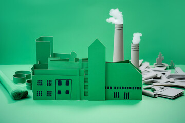 Greenwashing concept with crafted green cardboard factory. 