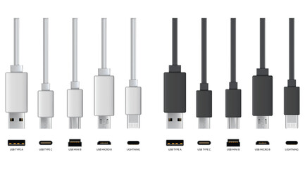 Usb cable connectors. Realistic vector set of phone jacks for cabling in white and black color. Cable for charging or transmitting information for modern electronic devices