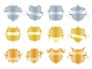 Heraldic blank shields icon with ribbon. Security illustration sign collection. Knight award symbols. Medieval royal vintage badges isolated on white