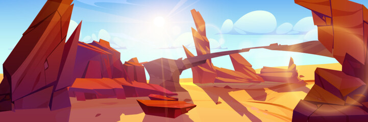 Rock and canyon in desert game cartoon landscape. USA rocky boulder terrain background illustration. Empty drought Arizona valley formation with brown sandy environment and stone arc panoramic scene - obrazy, fototapety, plakaty