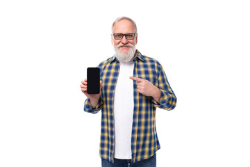 modern senior gray-haired retired man with mustache and beard shows phone screen