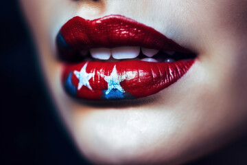 Fototapeta premium Lipstick design inspired by American flag with stars. 4th of July makeup. Generative AI illustration