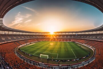 Soccer players in action on sunset stadium background panorama - obrazy, fototapety, plakaty