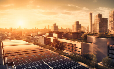a cityscape at sunset with large solar panels mounted on a rooftop
