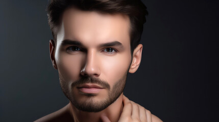 Fototapeta premium Beauty face of a man model on a grey studio background. Generative AI