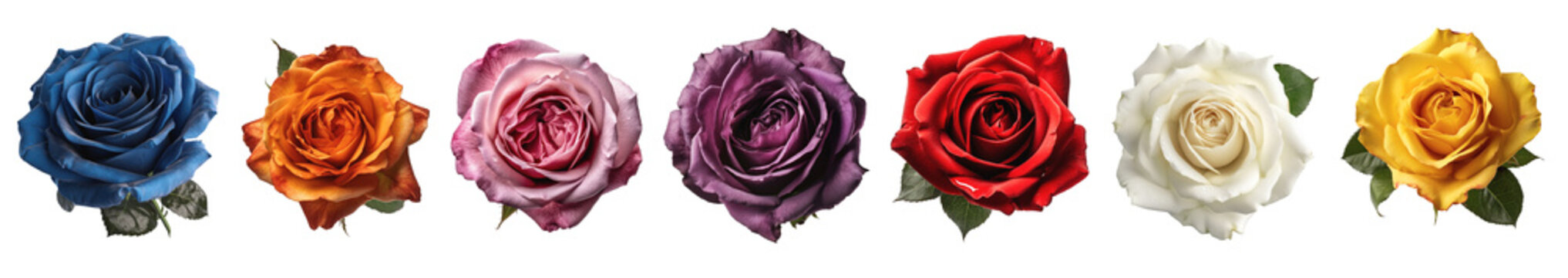 Seven roses in different colors viewed from the top on a transparent background, Generative AI
