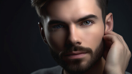 Fototapeta na wymiar Beauty face of a man model on a grey studio background. Generative AI
