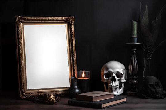 Dark gothic vertical frame mockup with book and skull