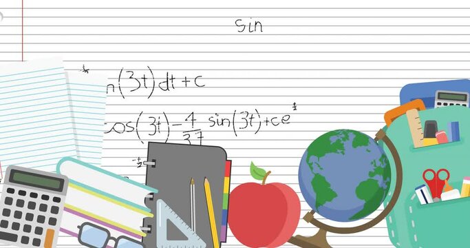 Animation of school icons and mathematical equations over lined paper
