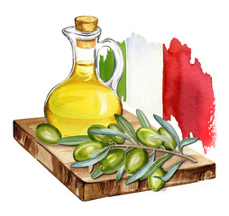 watercolor olive oil in glass bottle with branch of green olives with leaves and fruits on cutting board with flag of Italy, hand drawn illustration isolated on white background