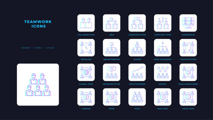 Team work icon collection with blue duotone style. company, organization, meeting, cooperation, management, communication, collaboration. Vector illustration